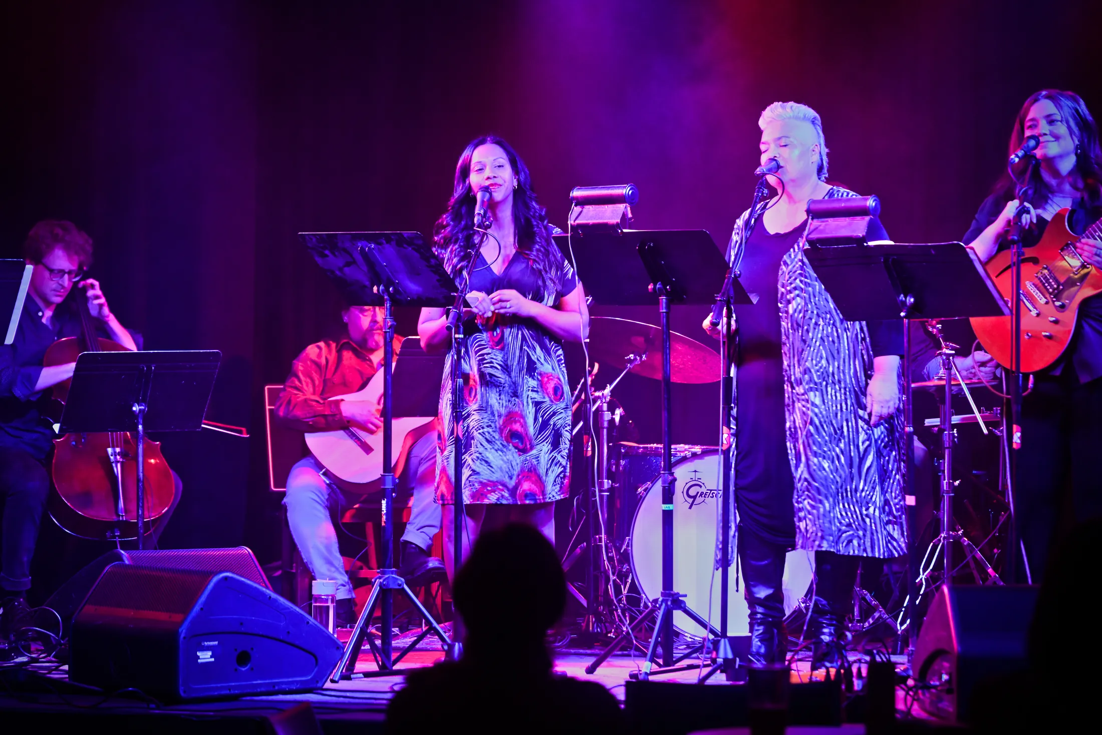 Three singers at the front of the stage with the band behind them, Boise, Idaho concert photo by Rusty Rehl