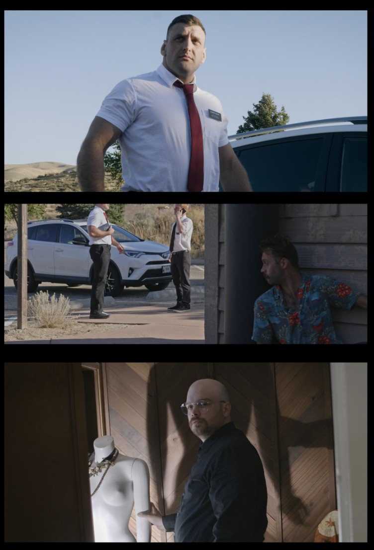 Three stills from Opportunity (2024): a man in a white shirt and red tie, a roadside confrontation beside a car, and a man in a doorway with a mannequin