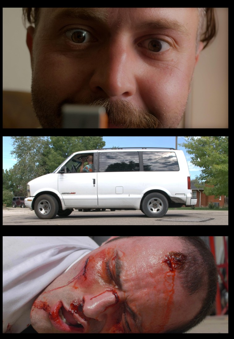 Three stills from Opportunity (2024): a wide-eyed close-up, a white van, and a bloodied face